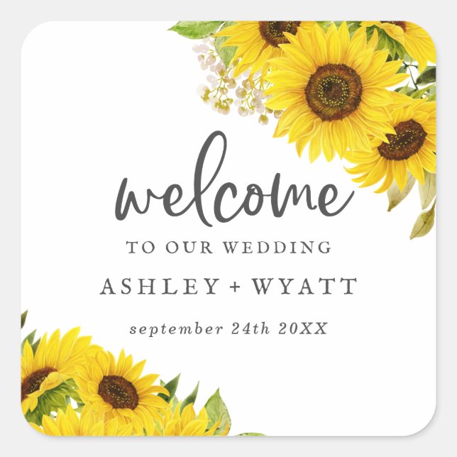 Country Sunflower Wedding Welcome Square Aufkleber (Vorderseite)