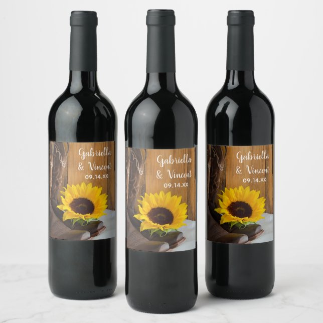 Country Sunflower Western Hochzeit Weinetikett (Flaschen)