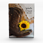 Country Sunflower Western Wedding Keepsake Acryl Auszeichnung<br><div class="desc">Customize the rustic chic Country Sunflower Western Wedding Keepsake with the personal name of the bride and groom and specific marriage ceremony date. This charming custom ranch theme nuptial keepsake features a quaint floral photograph of a pair of brown leather cowboy boots, yellow sunflower blossom and brown barn wood background....</div>