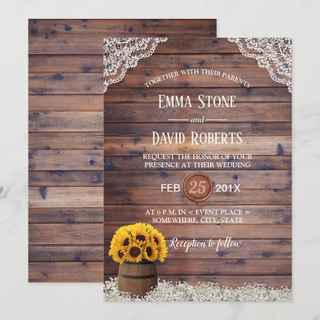 Country Sunflower Wine Barrel Rustikale Hochzeit Einladung (Vorne/Hinten)