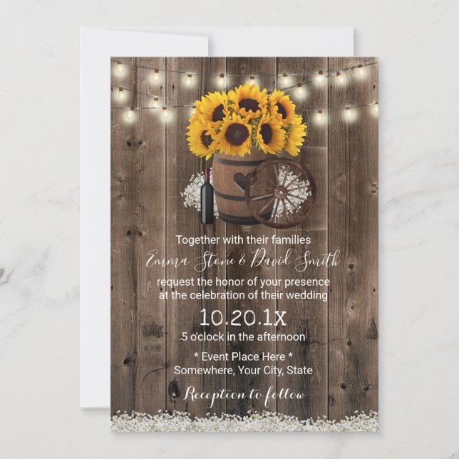Country Sunflower Wood Barrel Rustikale Hochzeit Einladung (Vorderseite)