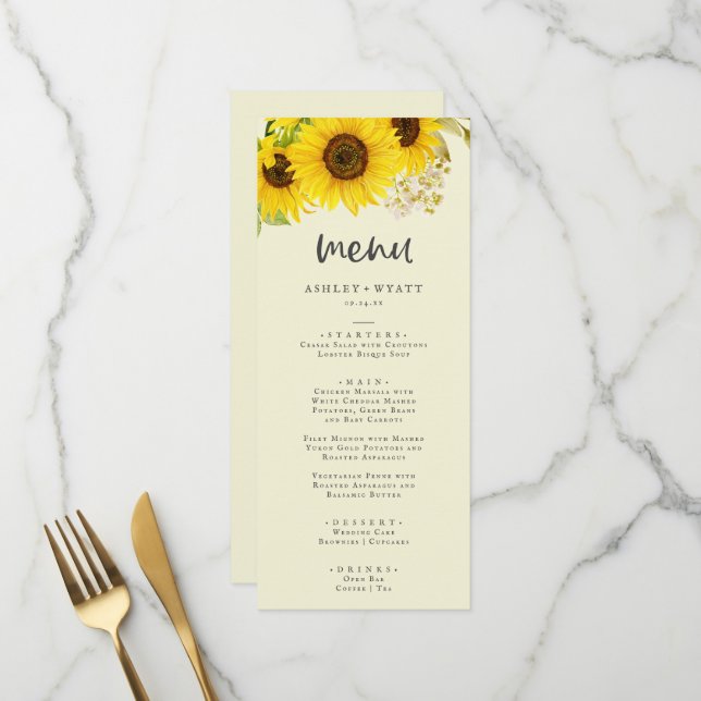 Country Sunflower | Yellow Wedding Dinner Menu Menükarte (Vorderseite/Rückseite Beispiel)