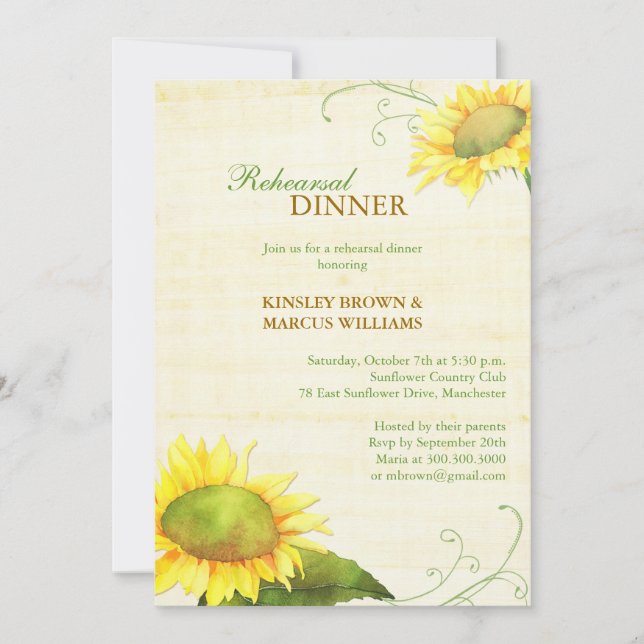 Country Sunflowers Hochzeitliches Probe Dinner Einladung (Vorderseite)