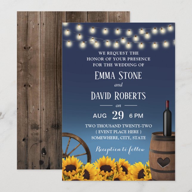 Country Sunflowers Navy Blue Rustic Hochzeit Einladung (Vorne/Hinten)