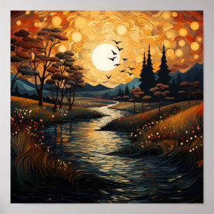 Country Sunset mit Vögeln und Stream Poster