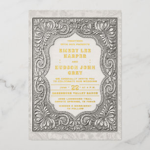 Country Toolted Leather Western Rugged Gold Weddin Folieneinladung