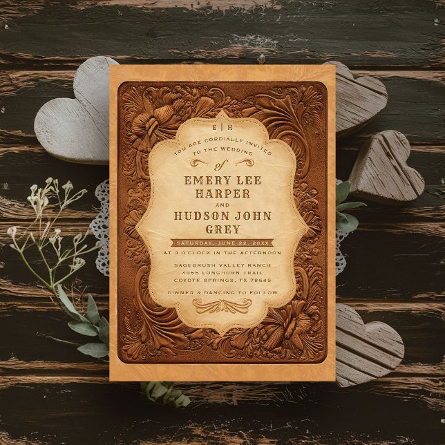 Country Toolted Leather Western Vintage Hochzeit Einladung (rustic country wedding invitation western cowboy tooled leather frame elegant barn ranch wild west)