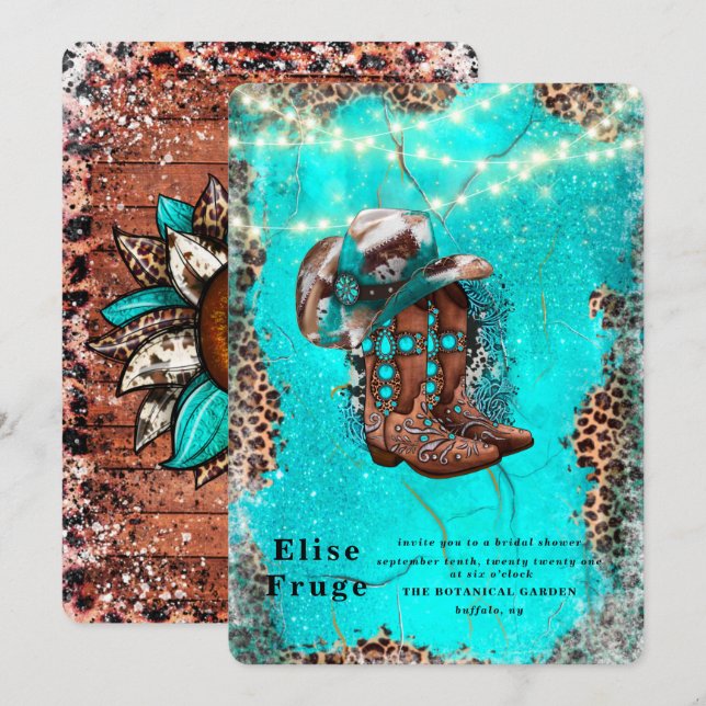 Country Türkise Cowboy Boots Brautparty Einladung (Vorne/Hinten)