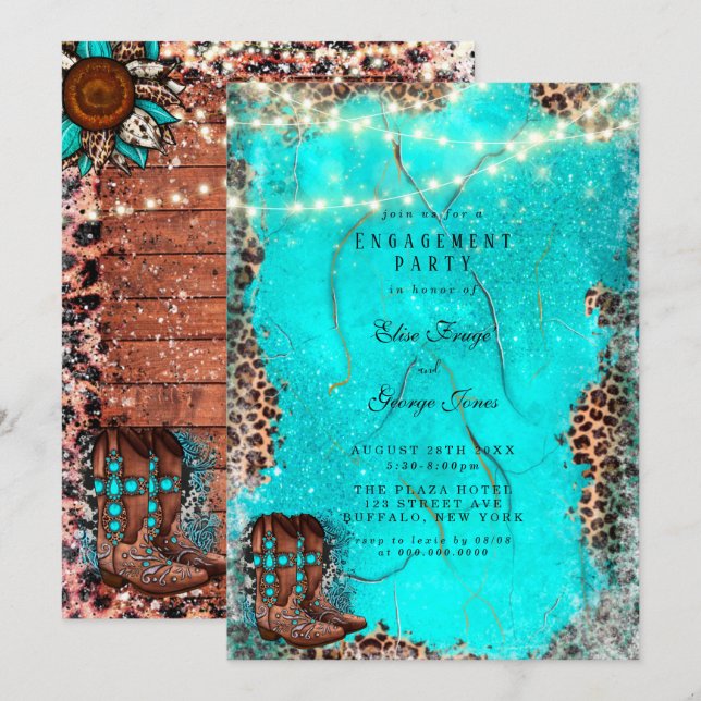 Country Turquoise Cowboy Boost Engagement Party Einladung (Vorne/Hinten)