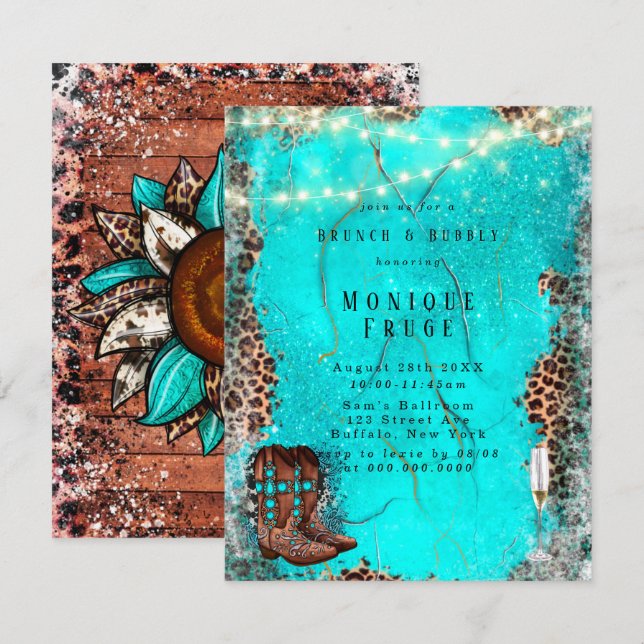 Country Turquoise Cowboy Boots Brunch & Bubbly Einladung (Vorne/Hinten)