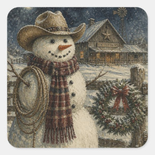 Country und Western Weihnachten   Cowboy Schneeman Quadratischer Aufkleber