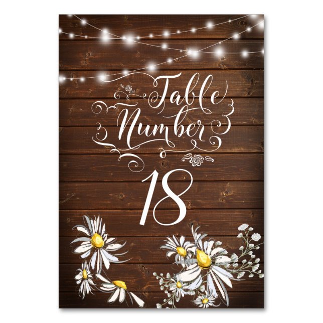 Country Wedding Barnwood Daisies BarefootBride™ Tischnummer (Vorderseite)