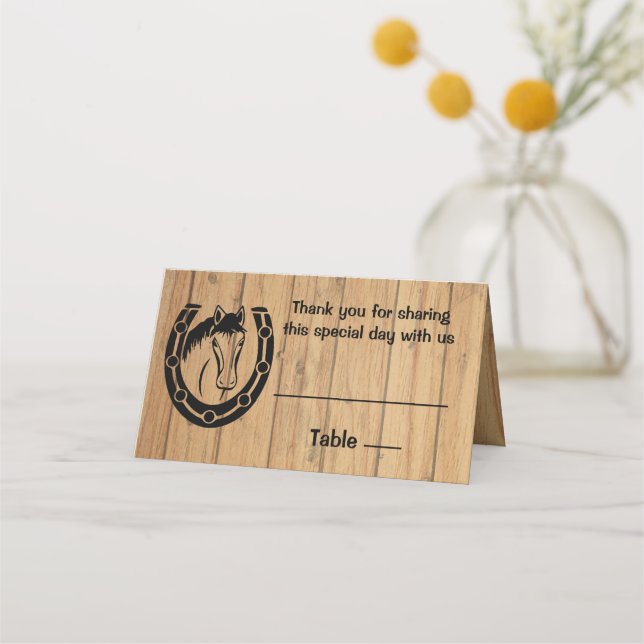 Country Wedding Horse Horseshoe Western Brown Wood Platzkarte (Vorderseite)