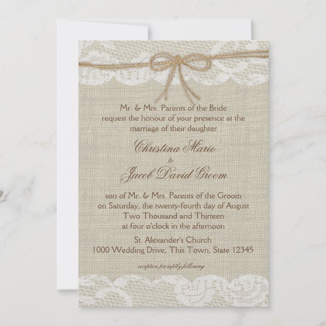 Country Wedding Lace und Burlap Einladung (Vorderseite)