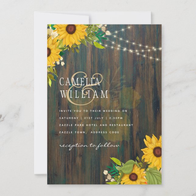 Country Wedding Rustic Holz Sonnenblumen Lichter I Einladung (Vorderseite)