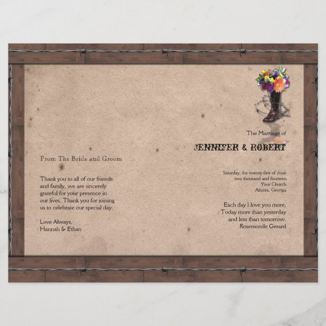 Country Western Barbed Wire Hochzeitsprogramm (Vorderseite)