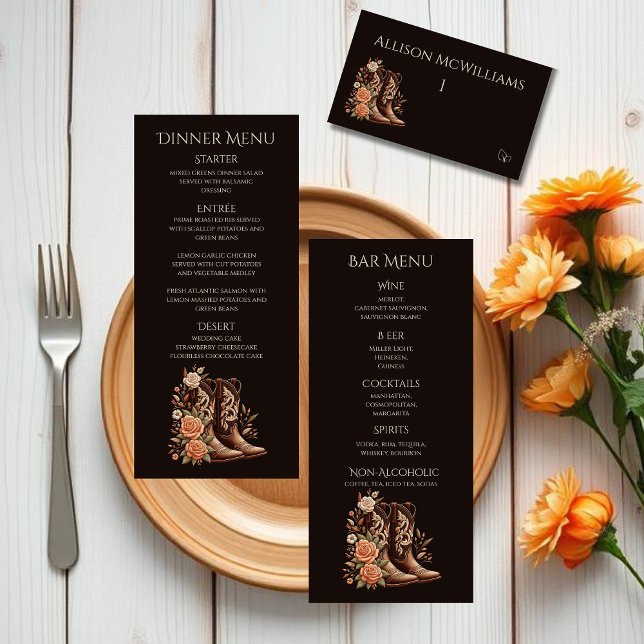 Country Western Blume mit Cowboy Boots Geflügel Tischnummer (Country Western-Flowers with Cowboy Boots-Wedding Place Cards with Meal Icons)