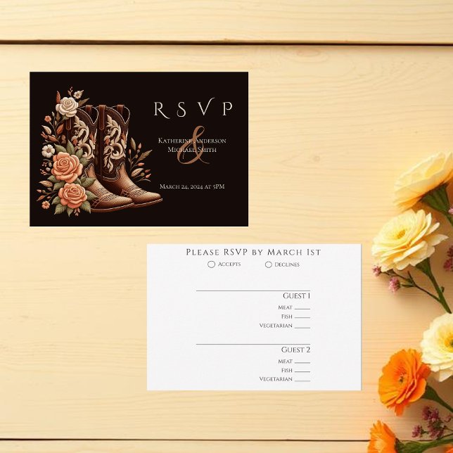 Country Western Blume mit Cowboy Boots RSVP Karte (Modern Elegant Country Western-Flowers with cowboy boots-wedding RSVP Card-meal choices)