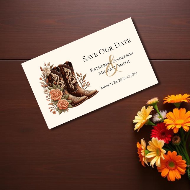 Country Western Blume mit Cowboy Boots Visitenkarte (Country Western Flowers with Cowboy Boots Save the Date)
