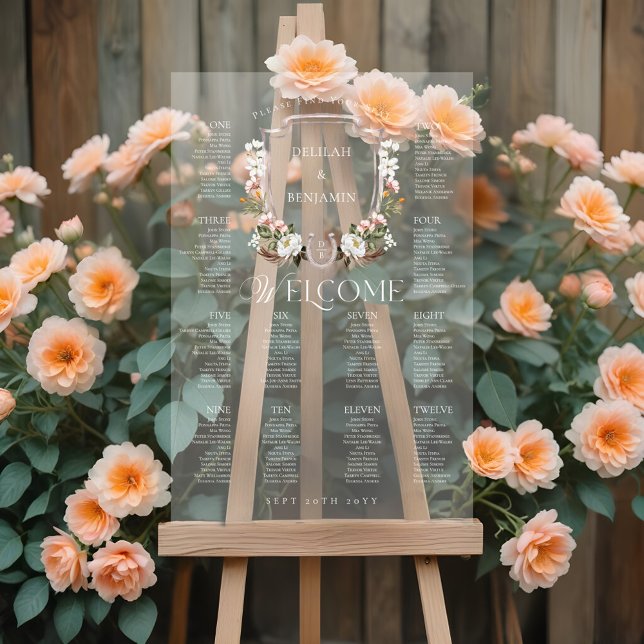 Country Western Blumenzwiebelkarte für Hochzeitssi Acrylschild (Country Western Floral Crest Wedding Seating Chart)