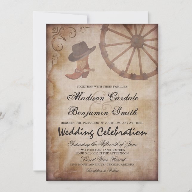 Country Western Boots Wagon Wheel Wedding Einladun Einladung (Vorderseite)