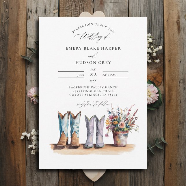 Country Western Boots Wildblumen Rustikale Hochzei Einladung (country wedding invitation rustic western barn watercolor cowboy boots wildflowers calligraphy)