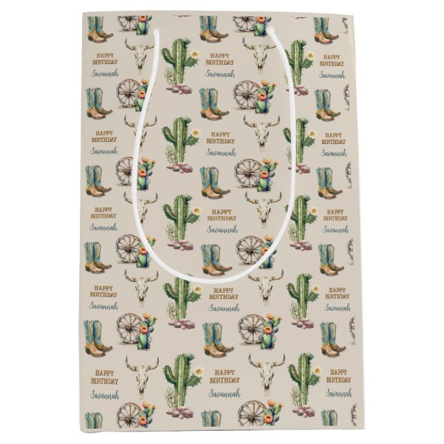Country Western Cactus Boots Name Happy Birthday Mittlere Geschenktüte (Vorderseite)