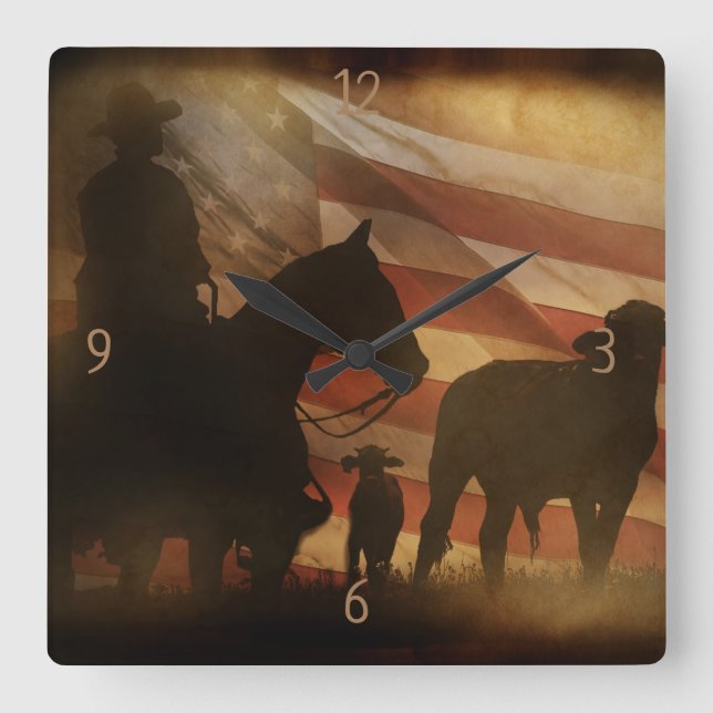Country Western Cowboy and Cattle Flag Quadratische Wanduhr (Vorderseite)