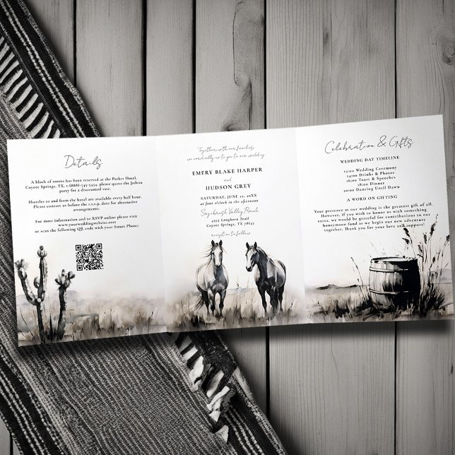 Country Western Cowboy Art Sketch All One Wedding Dreifach Gefaltete Einladung (country western wedding invitation tri fold all in one art sketch black white modern formal classic)