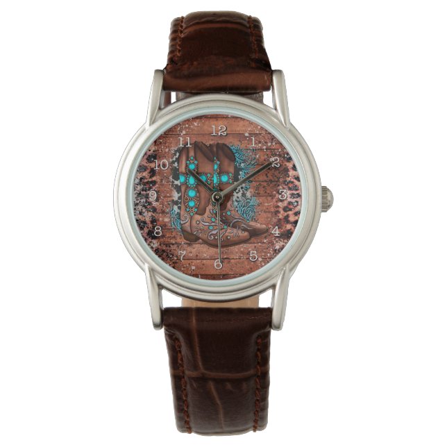 Country Western Cowboy Boots Leopard Print Aquamar Armbanduhr (Vorderseite)