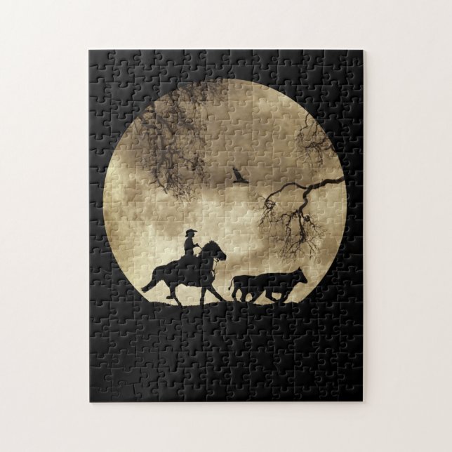 Country Western Cowboy mit Vollmond und Rind (Vertikal)