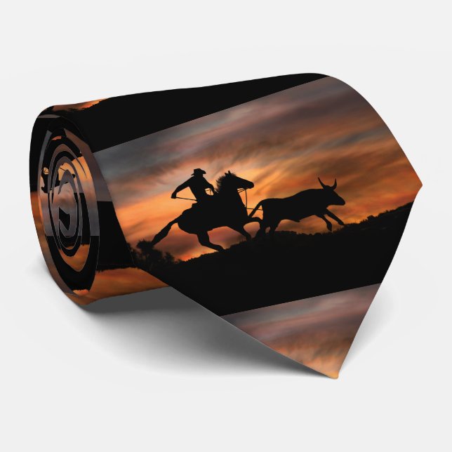 Country Western Cowboy Roping Long Horn Steer Krawatte (Gerollt)