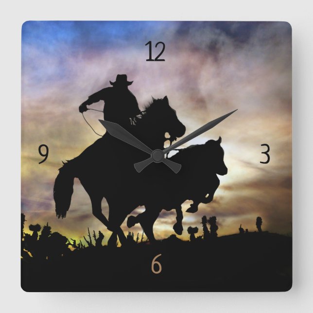 Country Western Cowboy Steer Roping Quadratische Wanduhr (Vorderseite)