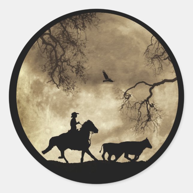 Country Western Cowboy Steg Vollmond Runder Aufkleber (Vorderseite)