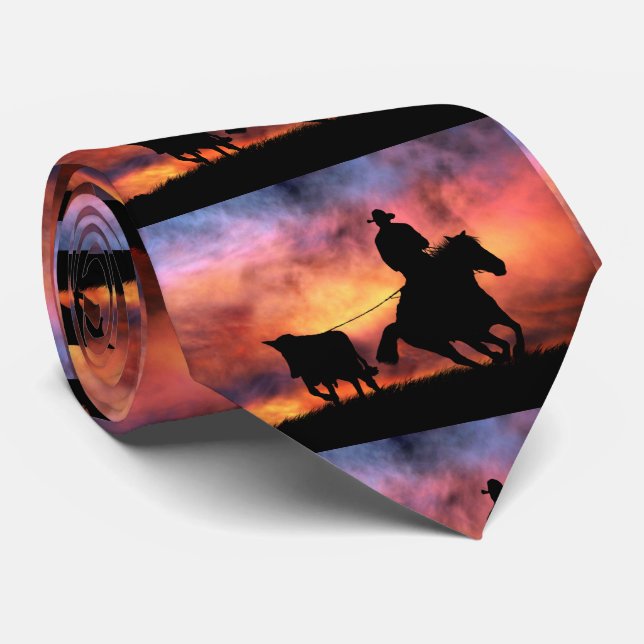 Country Western Cowboy und Pferd mit Steer Roping Krawatte (Gerollt)