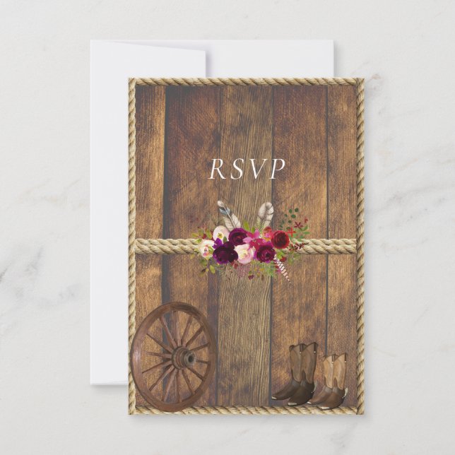 Country Western Hochzeit Roses Feathers Rope RSVP Karte (Vorderseite)