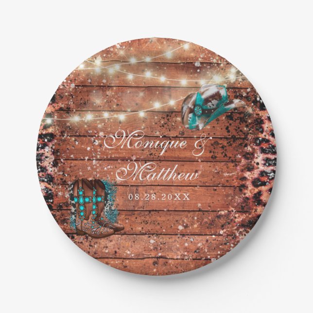 Country Western Lights Boots Hat Hochzeit Pappteller (Vorderseite)