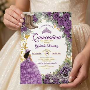 Country Western Lila Rosen Golden Quinceañera Einladung