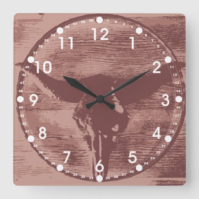 Country Western Longhorns Bull Skull Cowboy Gesche Quadratische Wanduhr (Vorderseite)