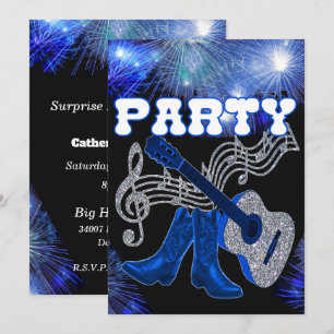 Country Western Music Blue Gitarre und Cowboy Boot Einladung