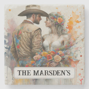 Country Western Newlyweds Wasserfarbe Steinuntersetzer