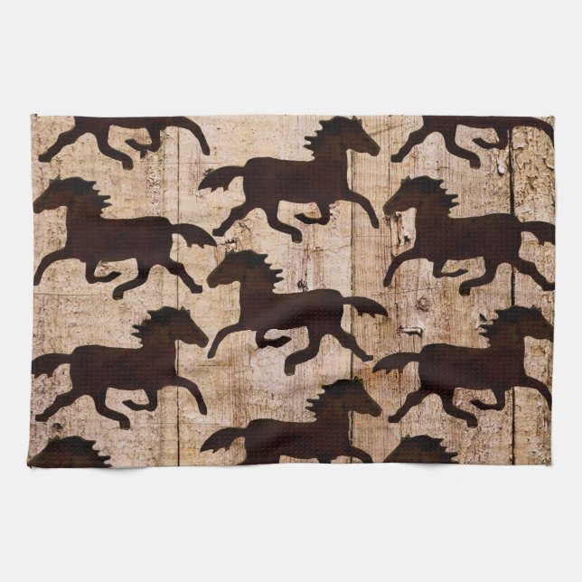 Country Western Pferde auf Barn Wood Cowboy Gesche Geschirrtuch (Horizontal)