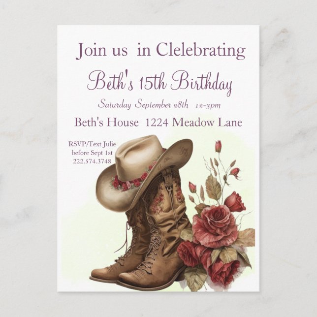 Country Western, Roses, Invitation d'anniversaire  (Devant)
