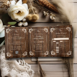 Country Western Rustic Wood Formal Dreifach Hochze Gefaltete Einladung