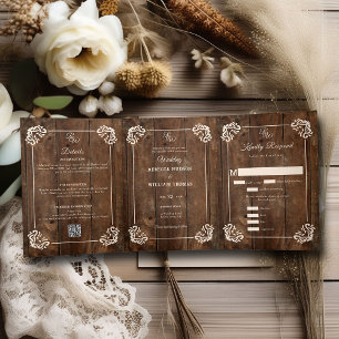 Country Western Rustic Wood Formal Dreifach Hochze Gefaltete Einladung