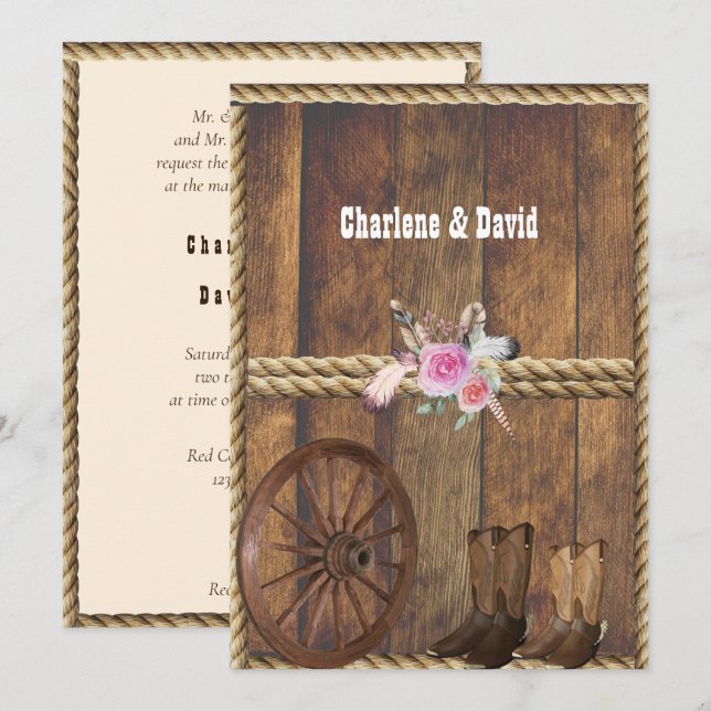 Country Western Wedding Pink Roses Feathers Rope I Einladung (Vorne/Hinten)