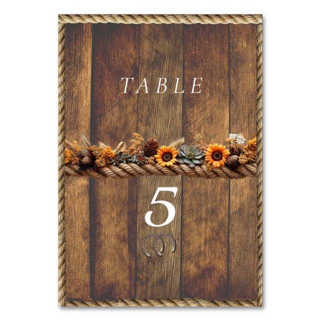 Country Western Wedding Sunflowers Succulents Rope Tischnummer (Vorderseite)