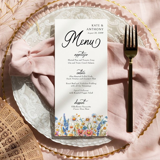 Country Wildblume Drei-Course Blumenhochzeit Menükarte (Wedding Menu from Country Wildflower Wedding Collection by Darling & May)