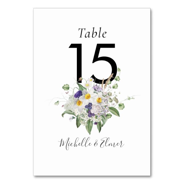 Country Wildblumen Greenery Posy Wedding Tischnummer (Vorderseite)