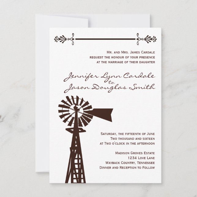 Country Windmill Rural Rustic Wedding Einladungen (Vorderseite)